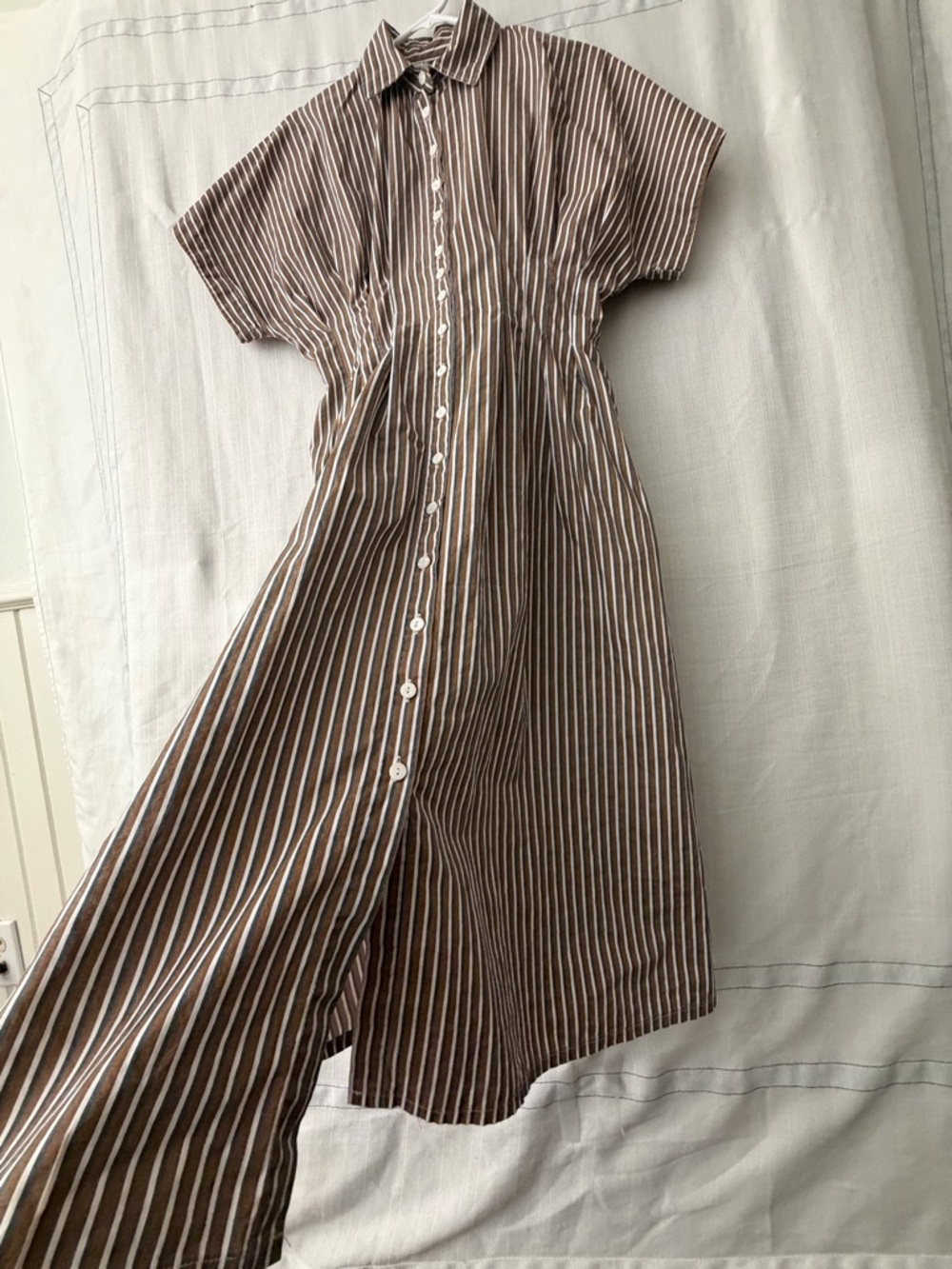 Striped Cotton Shirt Dress Brown Blue White Button Front Size S(A527) - Picture 5 of 13